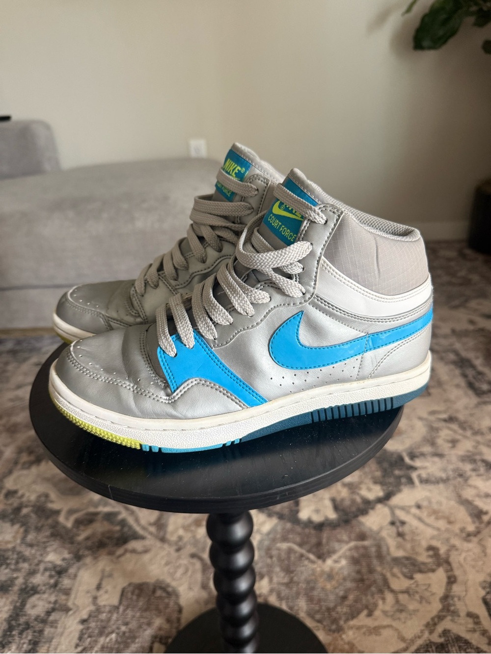 Nike Court Force SZ 8 Gray and Bright Blue High-Top Sneakers
